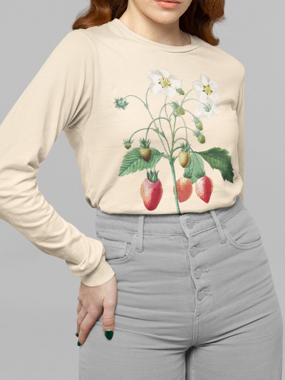 Strawberry Vintage Floral Print Long Sleeve Graphic Tee T-shirt S-XXL